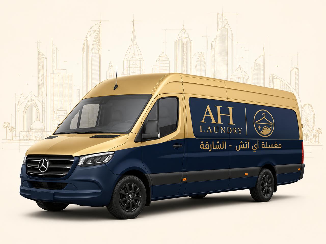 AH Laundry branded delivery van in navy and gold